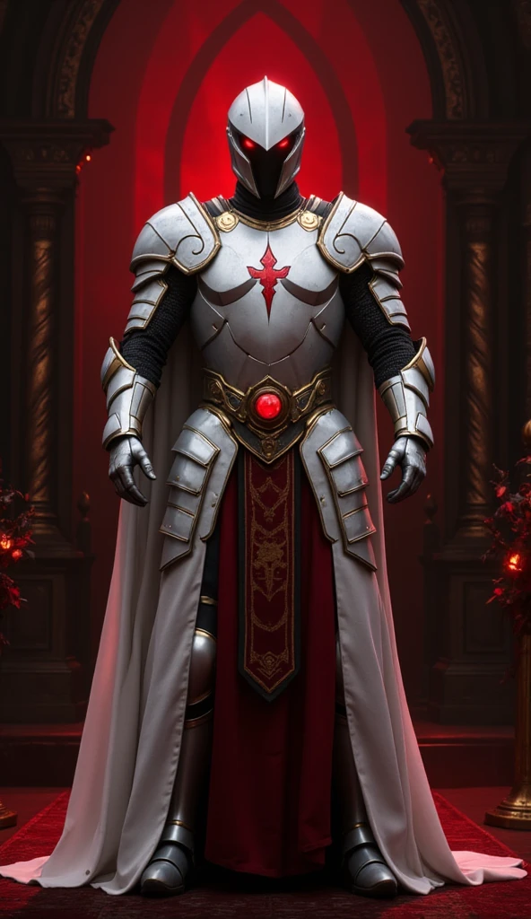  is possessed by a demon, a holy knight commander.一個成年男性的Full body image. muscular body .Wear white gold holy knight armor. Eyes Deep Red . standing inside a mysterious black and red church.Bold composition .Full body image