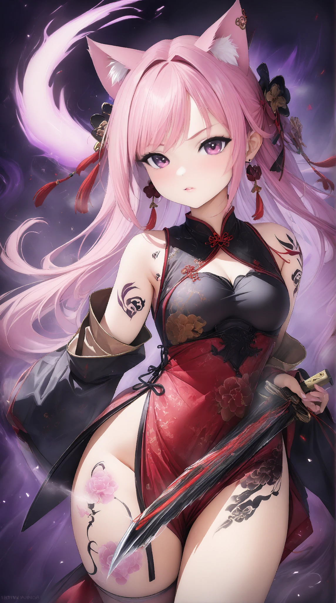 1人の pretty girl、 Masterpiece、 top quality，8K quality、 very aesthetic、 super high resolution 、 Chinese clothes、Cat ears、tail、 pretty girl、Cute、Beauty、beautiful、Tattoo、Earrings、全身Tattoo、aura、 sexy、lure、 Japanese Knife 、Draw your sword
