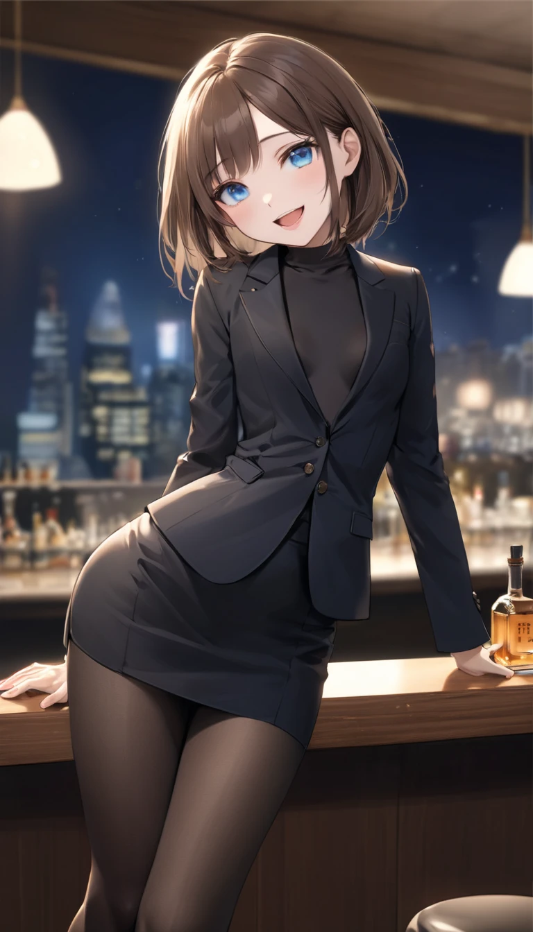 ((formal suit:1.5)), ((tight skirts:1.5)), Anatomically correct body,  very detailed face and eyes, ((Kyoto Animation Style)), super precision, ​masterpiece, very extremely beautiful, Princess Face, Boyish girl, shorth hair, Straight hair, Dark hair, Short ponytail, Black eyes, ((Smaller chest)), BREAK, ((orange necktie)),　cowboy  shot, dynamicposes, With smiling eyes, face excited, ((bars:1.5)), ((shop front)), lying on one's side, Latex,