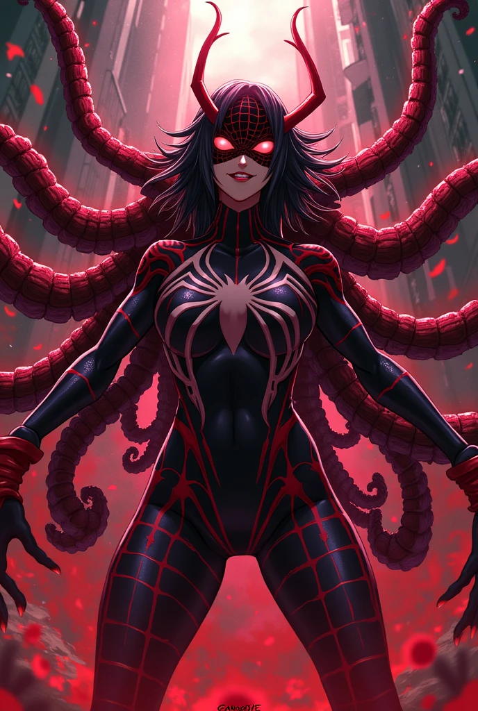 Supervillan Spidergirl, black costume with white spider symbol, covered face, on roof, combat stance, highly detailed, vibrant appearance, creative behavior, extremly detailed, imaginative, , spontaneous, highest quality, skin texture, intricate details, (cinematic lighting), RAW photo, 8k, masterpiece,best quality,ultra-detailed,very detailed illustrations,extremely detailed,intricate details,highres,super complex details,extremely detailed 8k cg wallpaper,