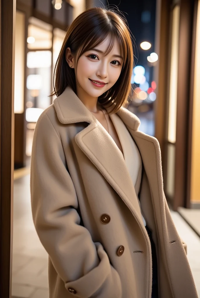 12Ｋ、ＨＤＲ、  Japanese 、 bit depth 10 bits  、(((Full body photo)))、 ( warm outerwear ),  (  realistic  ,   photo realistic  :1.4), masterpiece,      Very Delicate and Beautiful     ,    very detailed with crimson hair,      cinematic lighting,City lights at night,   COMPLETE ANATOMY  ,smile  (  hair is swaying a lot like、  light brown hair  ,)、A woman who exudes mature sex appeal 、((Snow falls in the background   ))  、((I can see snow in the background  )) 、 クリアホワイトスキン  、   happy face、((( white teeth visible)))、