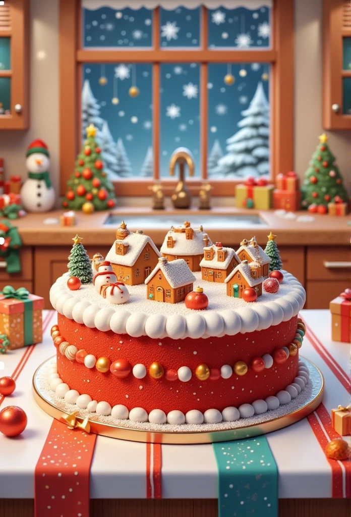 a warm cozy kitchen, a creative christmas cake with a soft red velvet base, covered in delicate vanilla buttercream, dusted with coconut powder, topped with miniature gingerbread houses, surrounded by colorful candies and tiny chocolate trees, like a whimsical fairy tale, with hanging mini bells and golden stars on one side, miniature snowmen and lifelike christmas wreaths on the other, emanating rich cinnamon and vanilla aromas, evoking the warmth and joy of the holiday season, every bite immersing you in a sweet festive ambiance, (best quality,8k,highres,masterpiece:1.2),ultra-detailed,realistic,photorealistic:1.37,intricate details,warm lighting,holiday,christmas,festive