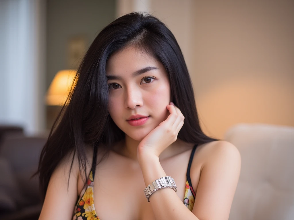 A Thick Busty Curvy pakistani girl wear black bra , looking_at_viewer, smile,realistic, necklace, earrings, cleavage_cutout, on bed ,full portrait of girl, navel , legs , red bindi on forehead, bathrooom