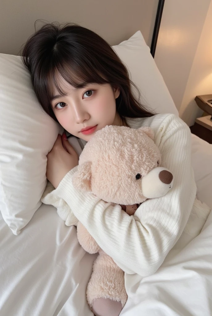 there is a woman laying on a bed with a teddy bear, Lalisa Manoban do Blackpink, Lalisa Manobal, Retrato de Jossi de Blackpink, jossi do blackpink, Parque Roseanne do Blackpink, O corte Hime, Massa Amane *, Ulzzang, Sakimichan, Chiho, Massa Amane, com franja