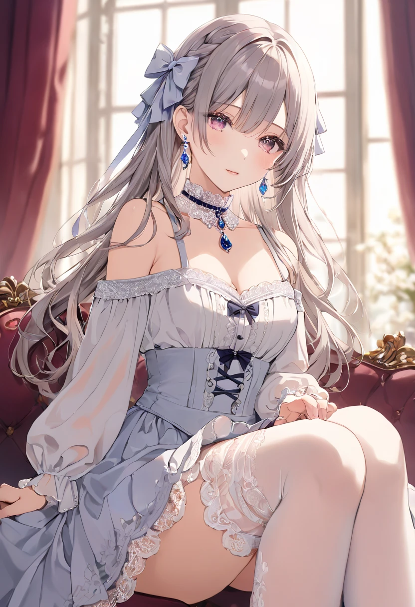 (masterpiece:1.3), (Absurd:1.3), (Highest quality:1.3), (8k), (large masterpiece digital art), (detailed manga figure), (Processed Hair), Perfect Anatomy, (Detailed Background), (Detailed clothing), (Intricate details:1.3), (Very detailed:1.3), (figure:1.3), (Natural light:1.05), (Vibrant colors:1.3), One girl, alone, smile, Mouth closed, It should be Chloe, Medium chest, Cleavage. belly button, Multicolored Hair, Red eyes, x hair ornaments, hair ornaments, Grey Hair, Striped Hair, Black Hair, Braiding, bangs, Manicure, Hair Clip, Ahoge, Red Skirt, Black collar, White camisole, indoor, Leaning audience, Upper Body, (Embrace your chest, breast lift)