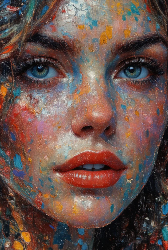 This image appears to be a vibrant and expressive painting of a woman's face. The artwork features intense, vivid colors and a textured surface. The striking details include:- **Eyes**: Bright blue, with an intense gaze.- **Lips**: Bold red, adding drama and contrast.- **Texture**: Cracked, giving an impression of age or wear, enhancing depth.- **Color Palette**: A mix of blues, reds, greens, and whites, creating a dynamic and emotionally charged effect.The composition suggests a focus on emotion and expression, typical of modern or abstract art styles. The blending of colors and textures conveys a sense of depth and complexity.