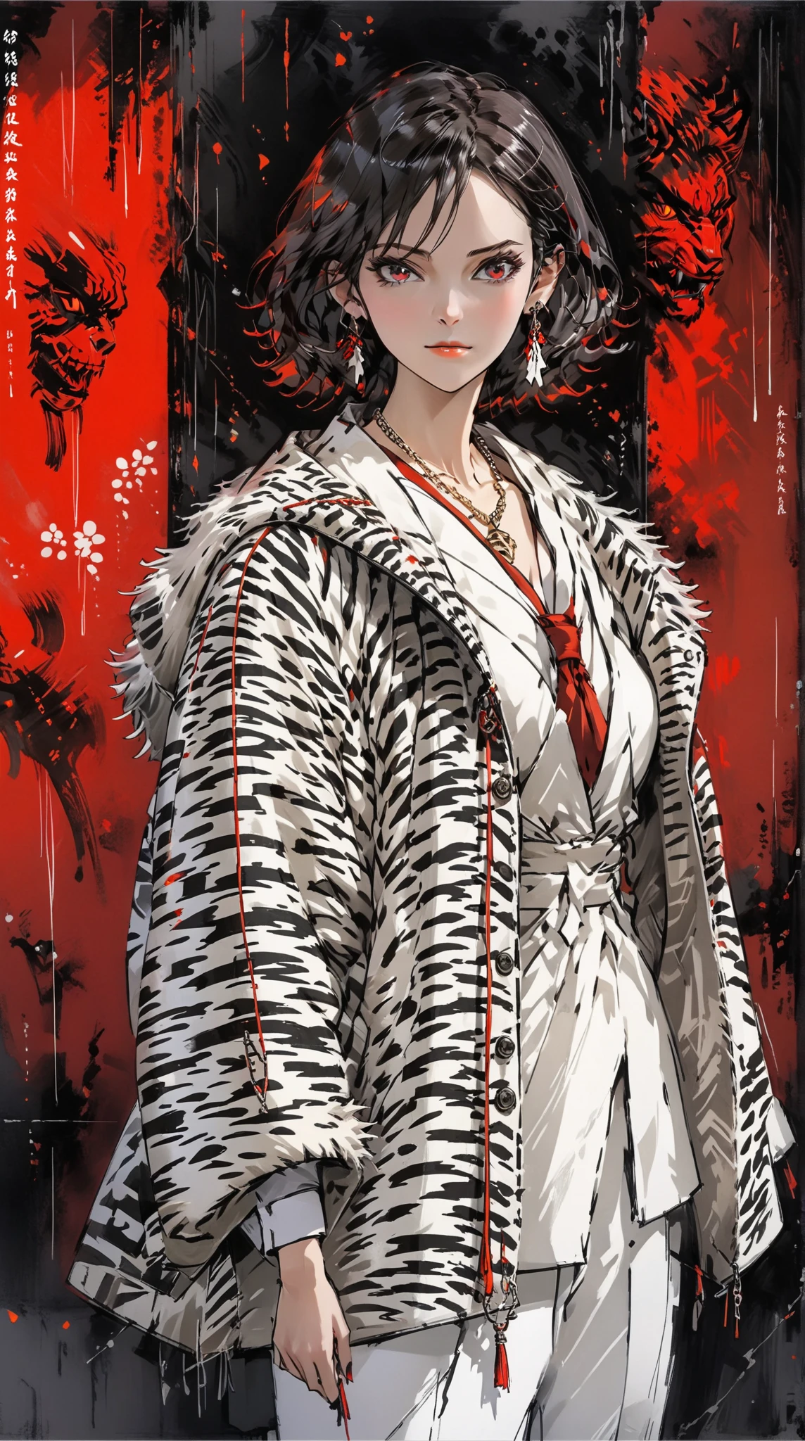 score_9, score_8_up, score_7_up, score_6_up, masterpiece, best quality, intricate details, 1girl, skinny, tall, curly bob cut hair \(white highlight, zigzag pattern\), earrings, old, mature, large fur coat \(fluffy, zebra pattern\), vest, red necktie, long slack pants, full body, standing, evil stare, one glowing red eye, one dark brown eye, skull necklace, low angle, purple aura, floating chain, dark environment, purple light