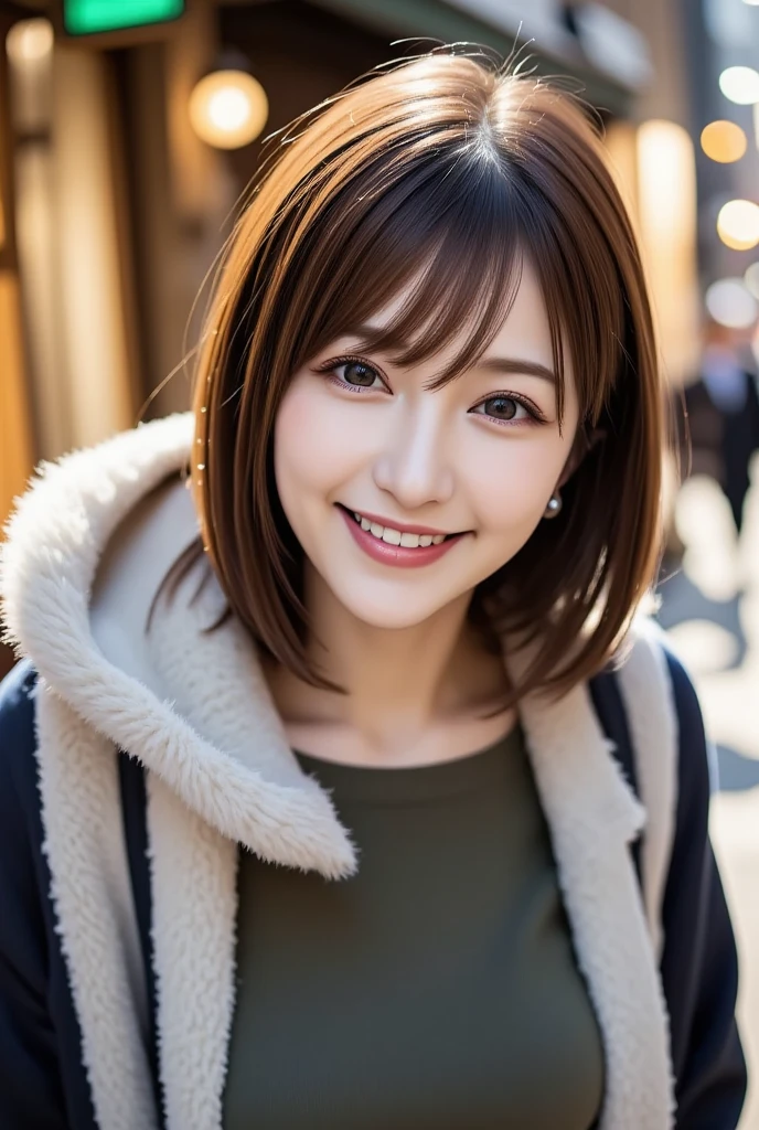 12Ｋ、ＨＤＲ、  Japanese 、 bit depth 10 bits  、(((Full body photo)))、 ( warm outerwear ),  (  realistic  ,   photo realistic  :1.4), masterpiece,      Very Delicate and Beautiful     ,    very detailed with crimson hair,      cinematic lighting,City lights at night,   COMPLETE ANATOMY  ,smile  (  hair is swaying a lot like、  light brown hair  ,)、A woman who exudes mature sex appeal 、((Snow falls in the background   ))  、((I can see snow in the background  )) 、 クリアホワイトスキン  、   happy face、((( white teeth visible)))、