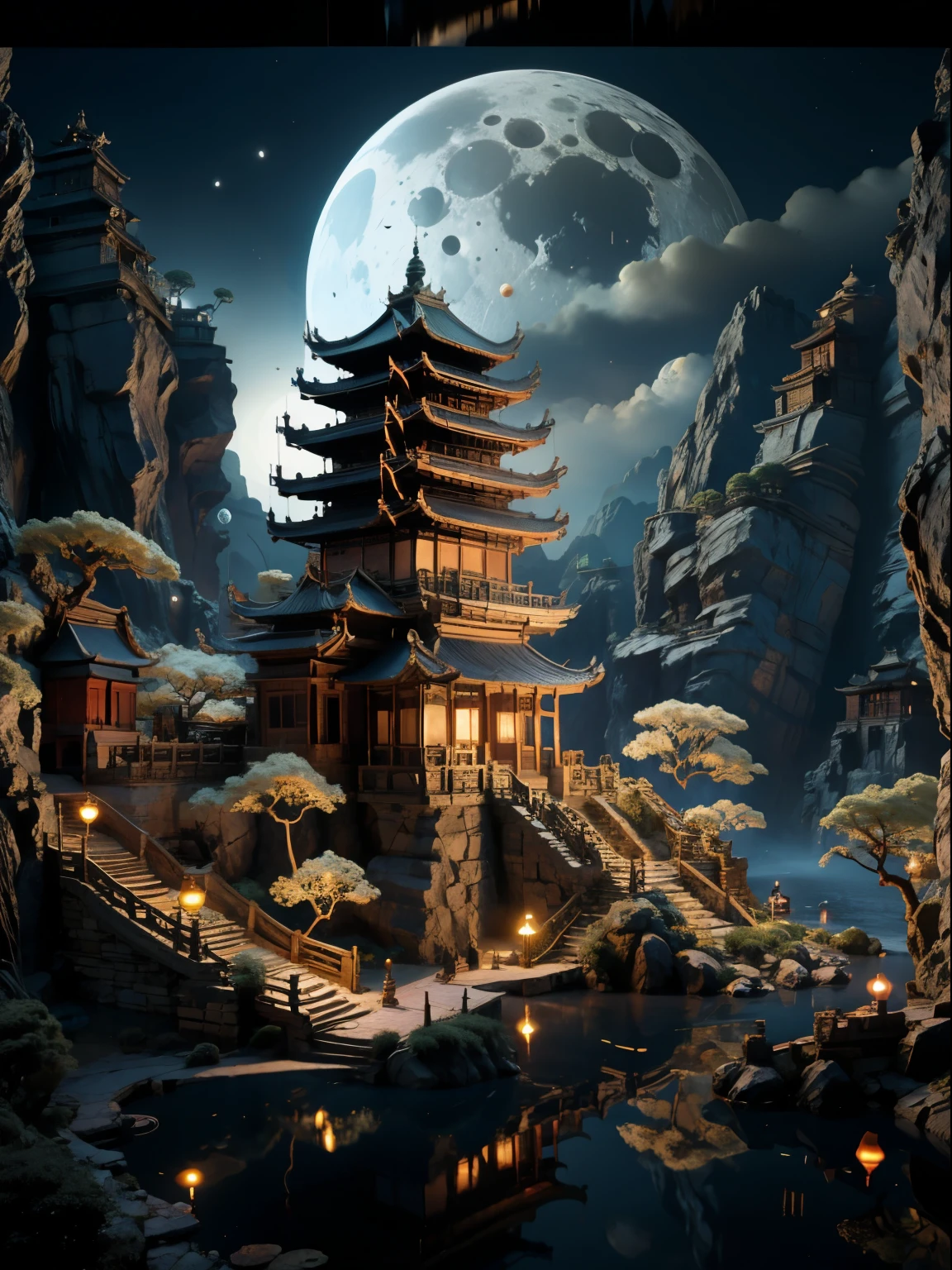 ancient city,outdoor,Sky,water,Tree,No_Humanity,night,moon,architecture,landscape,full_moon,reflection,lantern,stairs,Mountain,architecture,bridge,East_Asian_architecture,pagoda,movie lighting,strong contrast,High detail water level,best quality,masterpiece,