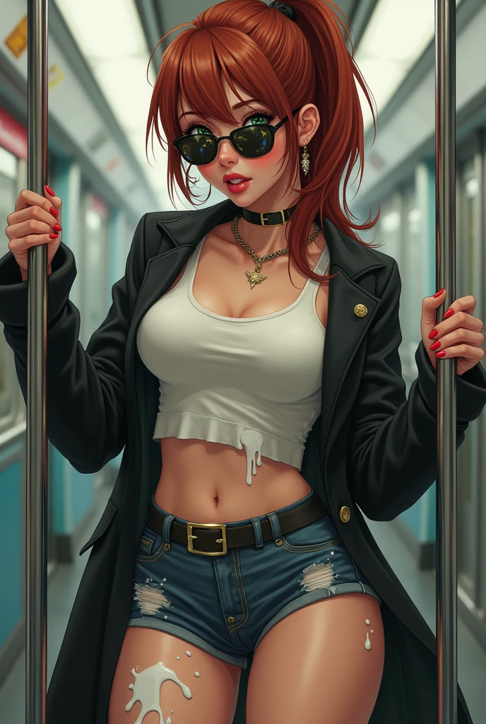 sunsethuman, female, medium breasts, high heels, black thigh high stockings, short black skirt, tight yellow shirt, leather jacket, sexy, in a subway car, crowded area
