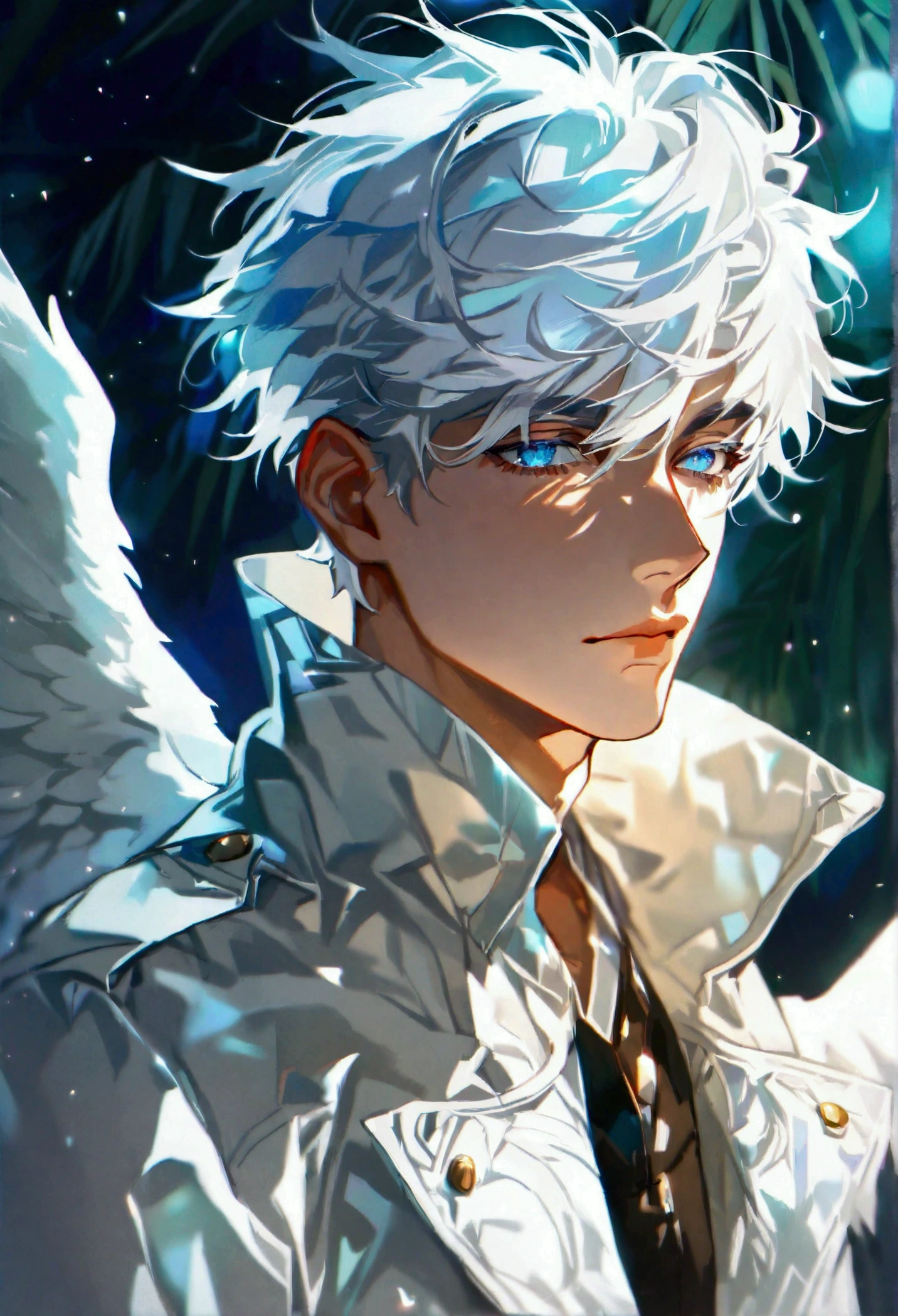 solo, handsome, 1 male, 20 years old, white coat, short hair, white hair, blue eyes, black light, white wings