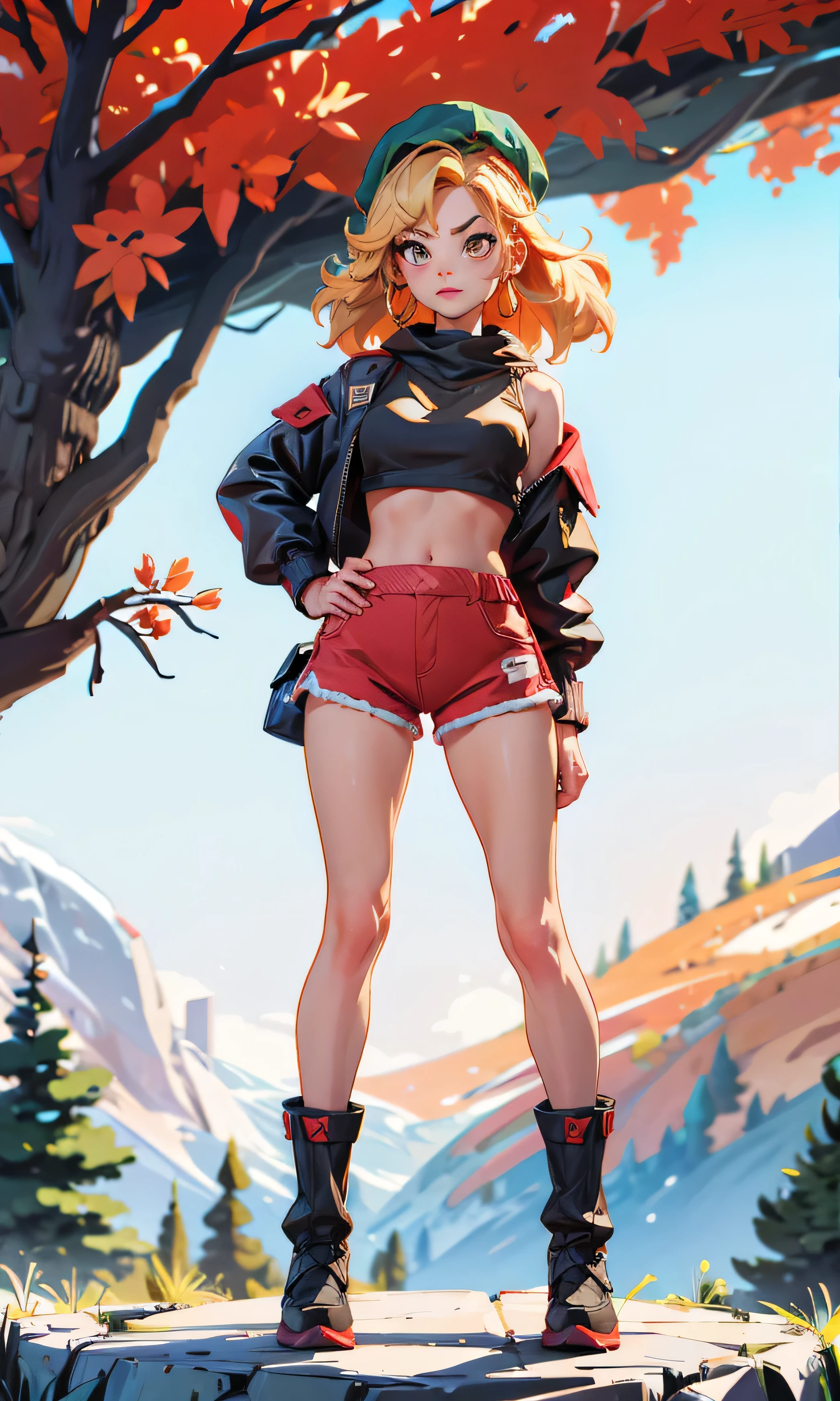 Masterpiece, 1 girl, beautiful, slim, head on, looking at the spectator , long hair, blond hair , brown eyes, arched eyebrows , Full body , pretty legs, abdomen plano, Kpop outfit , wool cap, Red micro top , Crop top, hombros descubiertos, neckline, Ripped top , red shorts, red winter boots, (((desnuda))), in the woods, dark sky, dry trees ,