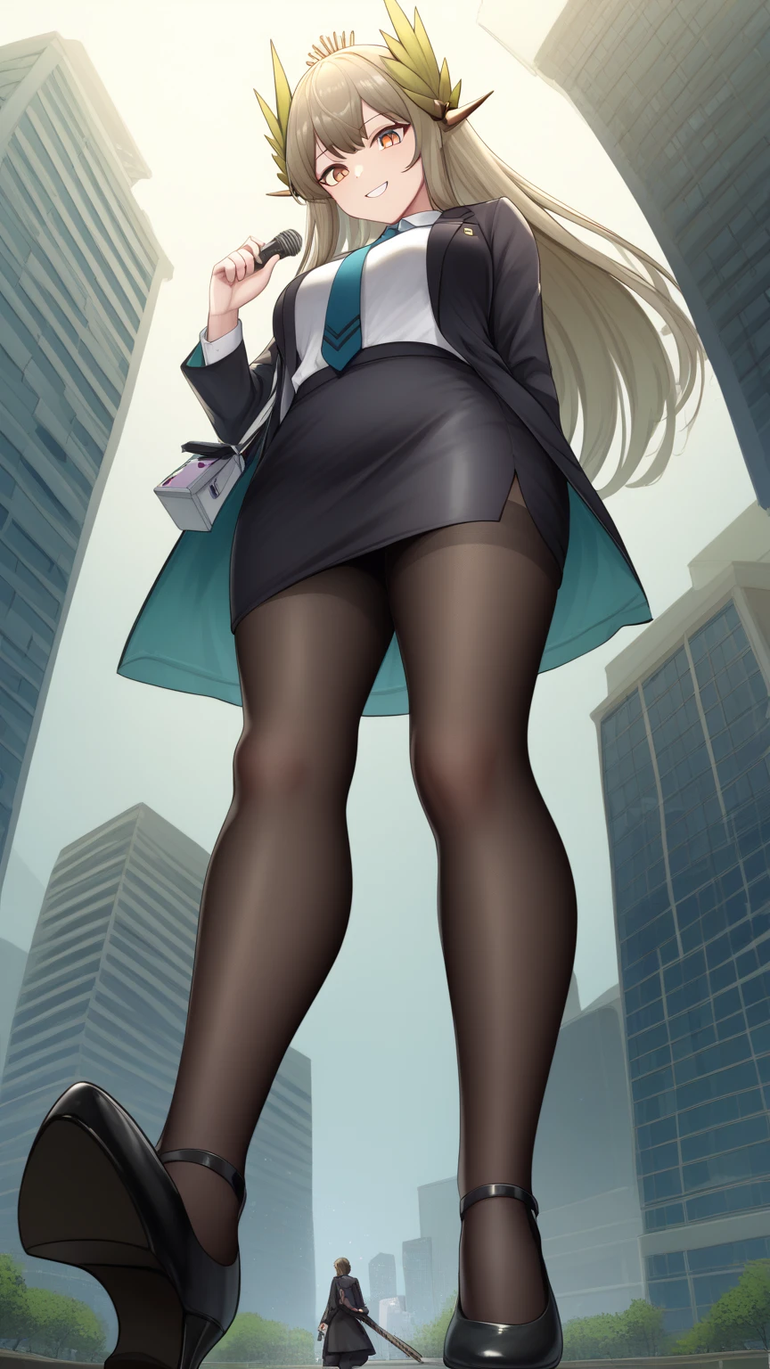 (( best quality)), giantess, microcity, giantess, ( mega size:1.3), (be familiar with) perfect face　Manga style illustration、Office Style、 business suit、 black jacket 、White open shirt、 black knee-length pencil skirt 、 black pantyhose、 wearing black high heel pumps、, Looking down and smiling 、 low angle from below 、The whole body, even the toes、Big city background, A woman trampling on a city, muelsys_arknights, ((masterpiece))