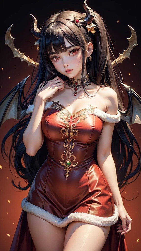 (masterpiece), (best quality), (detailed), light layer, lustrous skin, (intricate detailed , santa dress clothes, , demon wings, christmas hair ornament :1.2), black hair, black choker, long hair, hime cut, woman, blunt bangs, sidelocks, red eyes, (mature female:1.1), side-ponytails  (christmas tree background:1.1), 
 standing, with one hand gently resting on her cheek. Her head should be slightly tilted, and her elbow can be resting on a surface or supported by her other hand. The position should create soft, delicate lines that draw attention to her face and hand.