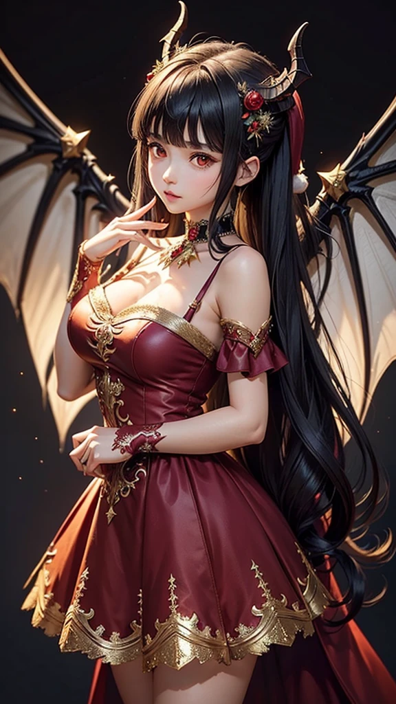 (masterpiece), (best quality), (detailed), light layer, lustrous skin, (intricate detailed , santa dress clothes, , demon wings, christmas hair ornament :1.2), black hair, black choker, long hair, hime cut, woman, blunt bangs, sidelocks, red eyes, (mature female:1.1), side-ponytails  (christmas tree background:1.1), 
 standing, with one hand gently resting on her cheek. Her head should be slightly tilted, and her elbow can be resting on a surface or supported by her other hand. The position should create soft, delicate lines that draw attention to her face and hand.