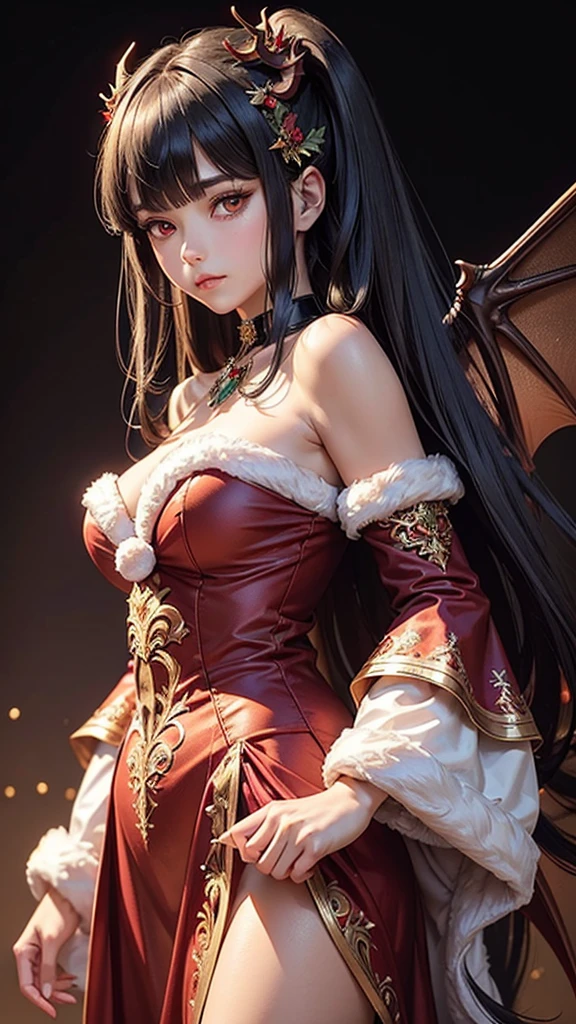 (masterpiece), (best quality), (detailed), light layer, lustrous skin, (intricate detailed , santa dress clothes, , demon wings, christmas hair ornament :1.2), black hair, black choker, long hair, hime cut, woman, blunt bangs, sidelocks, red eyes, (mature female:1.1), side-ponytails  (christmas tree background:1.1), 
 standing, with one hand gently resting on her cheek. Her head should be slightly tilted, and her elbow can be resting on a surface or supported by her other hand. The position should create soft, delicate lines that draw attention to her face and hand.