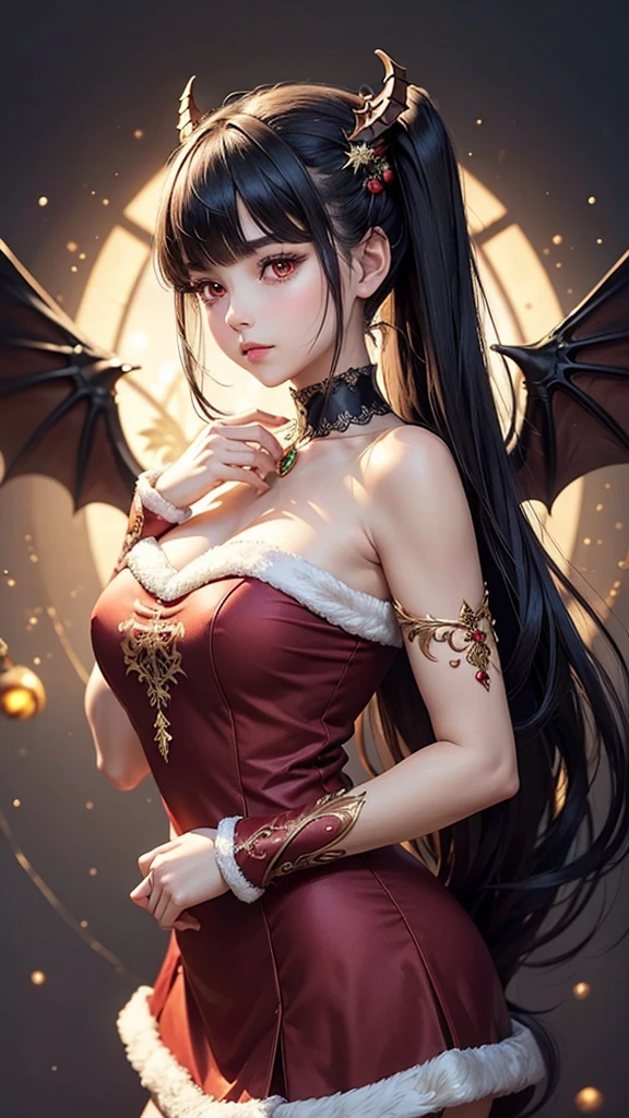 (masterpiece), (best quality), (detailed), light layer, lustrous skin, (intricate detailed , santa dress clothes, , demon wings, christmas hair ornament :1.2), black hair, black choker, long hair, hime cut, woman, blunt bangs, sidelocks, red eyes, (mature female:1.1), side-ponytails  (christmas tree background:1.1), 
 standing, with one hand gently resting on her cheek. Her head should be slightly tilted, and her elbow can be resting on a surface or supported by her other hand. The position should create soft, delicate lines that draw attention to her face and hand.