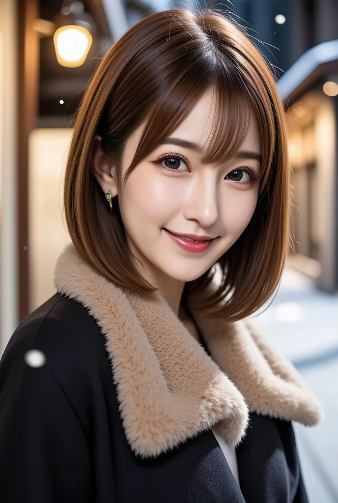 12Ｋ、ＨＤＲ、  Japanese 、 bit depth 10 bits  、(((Full body photo)))、 ( warm outerwear ),  (  realistic  ,   photo realistic  :1.4), masterpiece,      Very Delicate and Beautiful     ,    very detailed with crimson hair,      cinematic lighting,City lights at night,   COMPLETE ANATOMY  ,smile  (  hair is swaying a lot like、  light brown hair  ,)、A woman who exudes mature sex appeal 、((Snow falls in the background   ))  、((I can see snow in the background  )) 、 クリアホワイトスキン  、   happy face、((( white teeth visible)))、