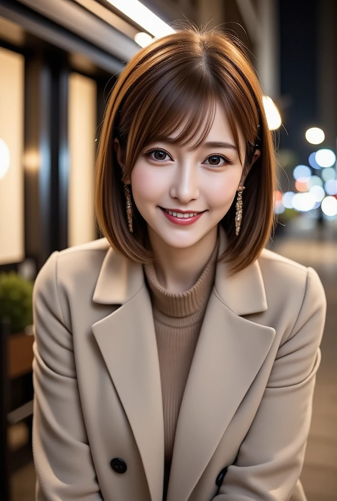 12Ｋ、ＨＤＲ、  Japanese 、 bit depth 10 bits  、(((Full body photo)))、 ( warm outerwear ),  (  realistic  ,   photo realistic  :1.4), masterpiece,      Very Delicate and Beautiful     ,    very detailed with crimson hair,      cinematic lighting,City lights at night,   COMPLETE ANATOMY  ,smile  (  hair is swaying a lot like、  light brown hair  ,)、A woman who exudes mature sex appeal 、((Snow falls in the background   ))  、((I can see snow in the background  )) 、 クリアホワイトスキン  、   happy face、((( white teeth visible)))、