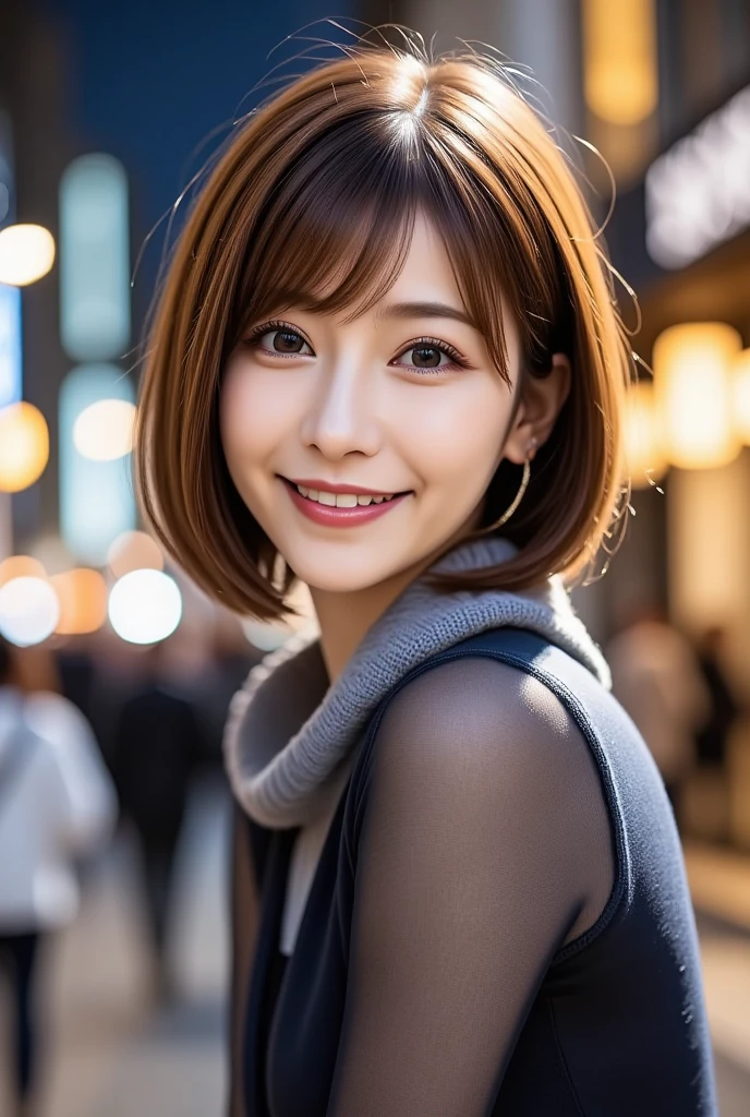 12Ｋ、ＨＤＲ、  Japanese 、 bit depth 10 bits  、(((Full body photo)))、 ( warm outerwear ),  (  realistic  ,   photo realistic  :1.4), masterpiece,      Very Delicate and Beautiful     ,    very detailed with crimson hair,      cinematic lighting,City lights at night,   COMPLETE ANATOMY  ,smile  (  hair is swaying a lot like、  light brown hair  ,)、A woman who exudes mature sex appeal 、((Snow falls in the background   ))  、((I can see snow in the background  )) 、 クリアホワイトスキン  、   happy face、((( white teeth visible)))、