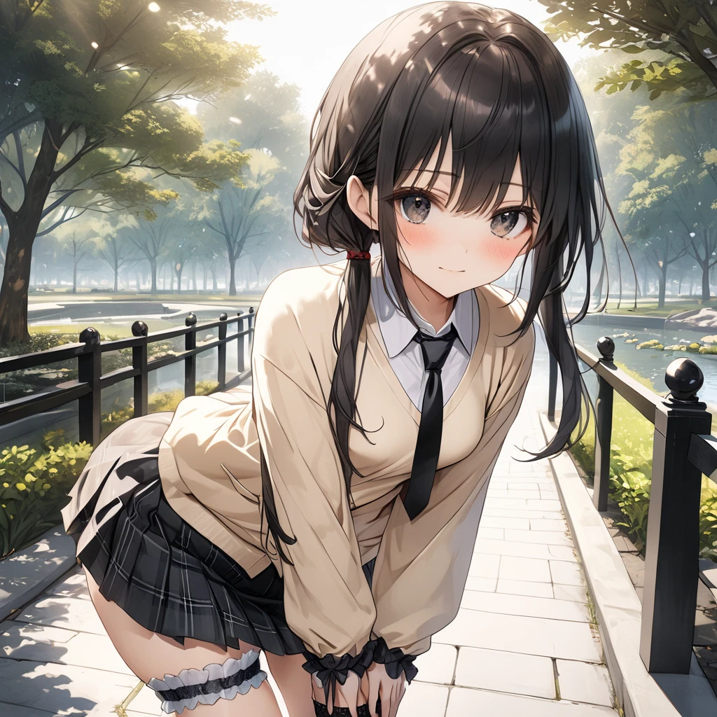 (Top quality illustrations:1.2), (cute女の子:1.1), (One girl, solo:1.5), (One girl、16 years old、Childish、One Pose、cute、Neat and clean image、Small breasts:1.5、Highly detailed eyes:1.2)、Shooting from below、Low - Angle、Upskirt、Anatomically correct、pantyhose、White panties(small ,Flat Chest:1.1)、((Brown eyes、brown hair:1.5))、(Short Hair)、Laughter、Wavy Hair、Curly Hair、bangs、Low twin tails、Short Twin Tails、((Sexy pose:1.2)), Dynamic Angle, One girl, alone, Cute delicate eyes,、Sit on the stairs, (Black socks:1.4),Dark Blue Blazer、White shirt、Blue Ribbon、Pleated skirt、 Brown Loafers, Outdoor, Green leaves、sunlight、Light of the sun,8K,