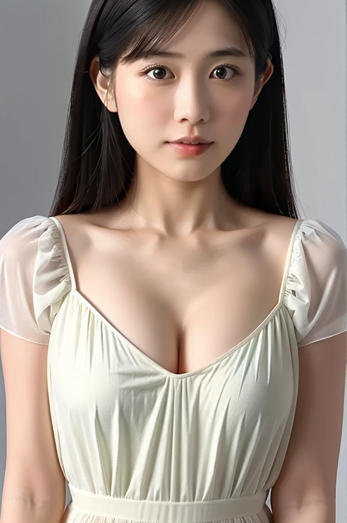 (masterpiece, best quality, perfect anatomy, highres, 8k, realistic, photorealistic, natural skin texture:1.2), 1girl, solo, Japanese, age20, female university student, very cute, inugao, parted lips, (large breasts), cleavage, (white negligee), spot lighting, (black background), from front, half shot