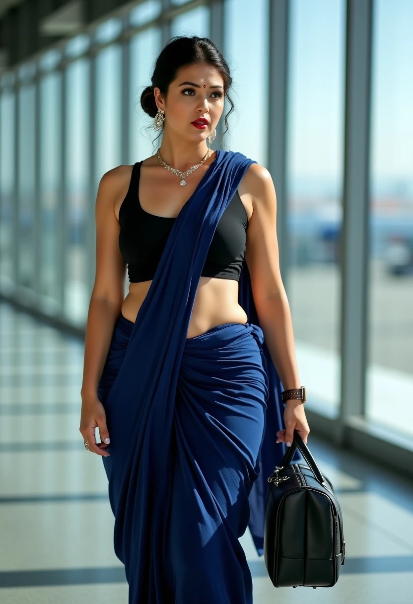 Navy blue saree and black sleeveless blouse, busty body, hair bun, fit and busty woman, showing navel visible in saree, sexy navel, walking in airport, bright sunny day, sunrays penetrating, airport back ground, carrying hand bag in right hand, laeather watch, bindi in forehead, earrings, sexy makeup, navel exposed in saree, tight body, curvy body, red lips, attractive woman, 8k details