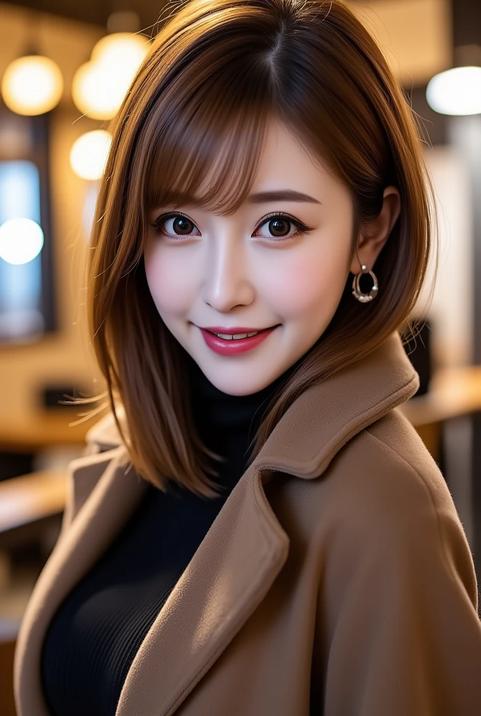 12Ｋ、ＨＤＲ、  Japanese 、 bit depth 10 bits  、(((Full body photo)))、 ( warm outerwear ),  (  realistic  ,   photo realistic  :1.4), masterpiece,      Very Delicate and Beautiful     ,    very detailed with crimson hair,      cinematic lighting,City lights at night,   COMPLETE ANATOMY  ,smile  (  hair is swaying a lot like、  light brown hair  ,)、A woman who exudes mature sex appeal 、((Snow falls in the background   ))  、((I can see snow in the background  )) 、 クリアホワイトスキン  、   happy face、((( white teeth visible)))、