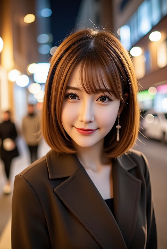 12Ｋ、ＨＤＲ、  Japanese 、 bit depth 10 bits  、(((Full body photo)))、 ( warm outerwear ),  (  realistic  ,   photo realistic  :1.4), masterpiece,      Very Delicate and Beautiful     ,    very detailed with crimson hair,      cinematic lighting,City lights at night,   COMPLETE ANATOMY  ,smile  (  hair is swaying a lot like、  light brown hair  ,)、A woman who exudes mature sex appeal 、((Snow falls in the background   ))  、((I can see snow in the background  )) 、 クリアホワイトスキン  、   happy face、((( white teeth visible)))、