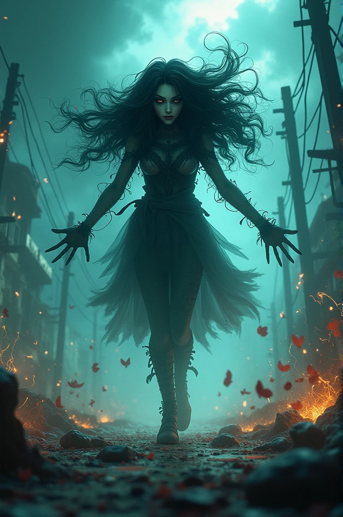 High view, high angle of camera, A beautiful and sexy queen of hell, anime style. walking through a dark, rotten and burnt Hades, showcasing the fiery green hair and thin black horns with incandescent cracks, black tears, golden ornament. Every space and build in the landscape is meticulously rendered, from the most desolate and terrifying hell, creating a visually stunning and immersive world. The overall effect is a terrifying mix of fantasy, glitter and nostalgia, hellpunk and horror anime. 2.5D style anime, close-up, fine quality yellow eyes, fiery yellow eyes without sclera, ultra detailed, Beautiful and aesthetically pleasing, masterpiece, Best quality score, Extremely detailed , dynamic angle, raytraced, middle body, close up, high view, particles and hard lights, angulo picado. green, red, purple and black