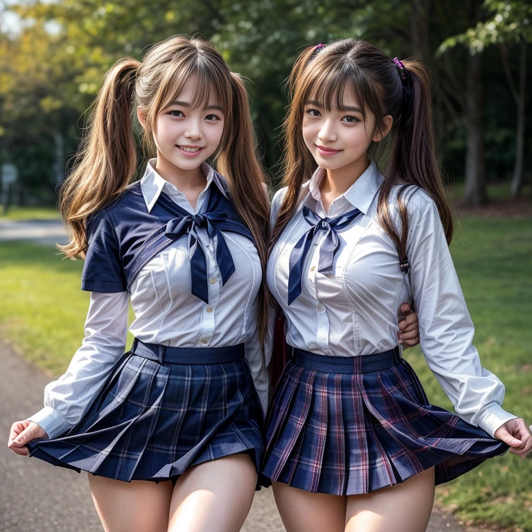 top-quality, 8K picture quality, ​masterpiece, A hyper-realistic, (Two girls side by side:1.2), Perfect body and firm big breasts, Whitening Skin, Tight white stretch shirt with crimson ribbon tie, Micro mini pleated tartan check skirt, (the skirt is incredibly short:1.2), (Stick out your butt and show off your beautiful butt:1.3), (above the knee while standing), thin-waist, , White panties, Proud of my beautiful butt, Skirtliftv1