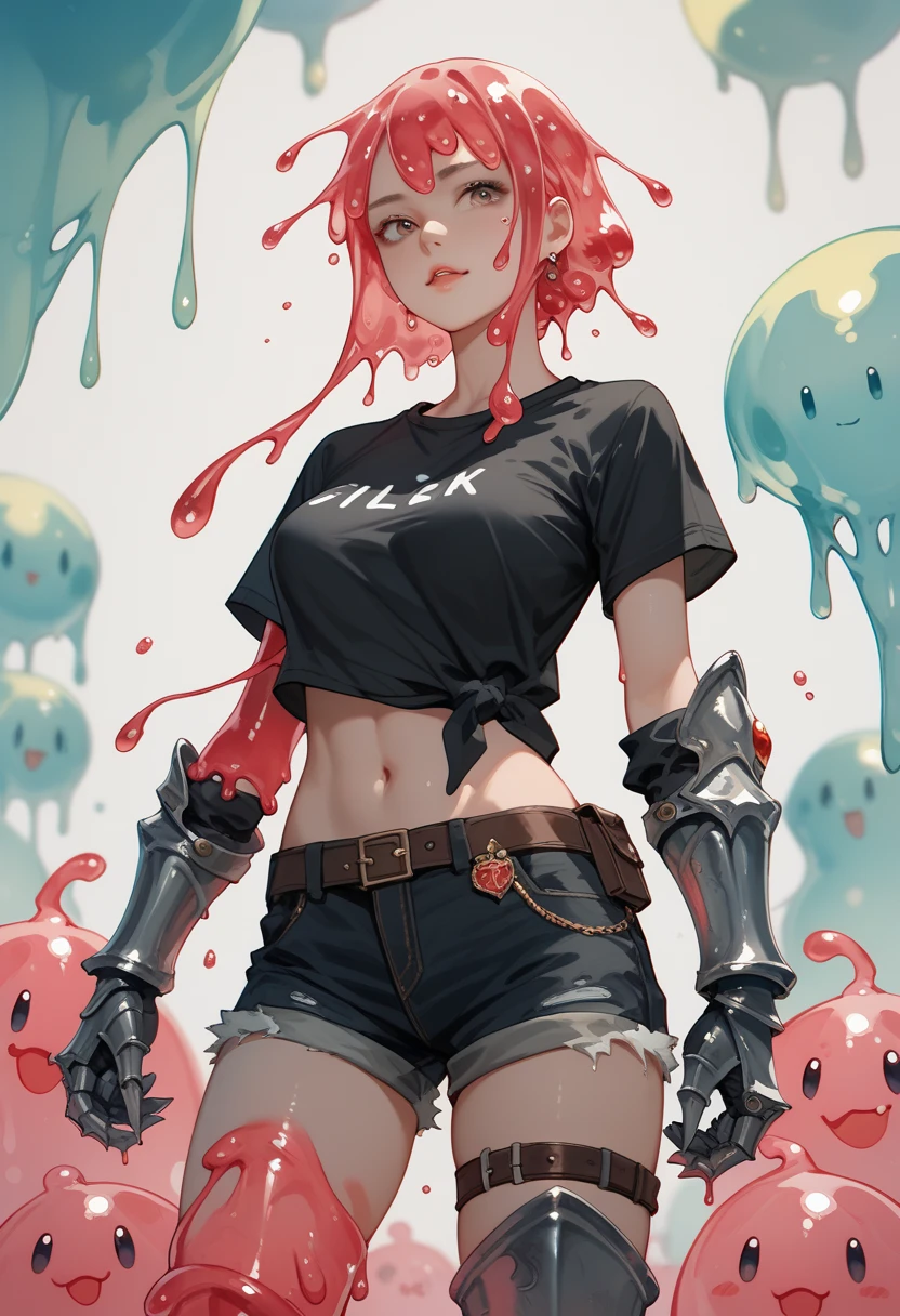 blood slime girl wearing a black shirt and blask shorts, wearing metal gauntlets and metal greaves, slime body.