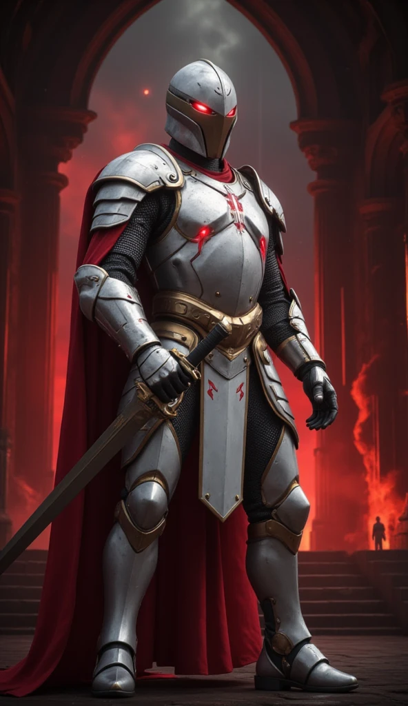  is possessed by a demon, a holy knight commander.一個成年男性的Full body image. muscular body .Wear white gold holy knight armor. Eyes Deep Red . standing inside a mysterious black and red church.Bold composition .Full body image