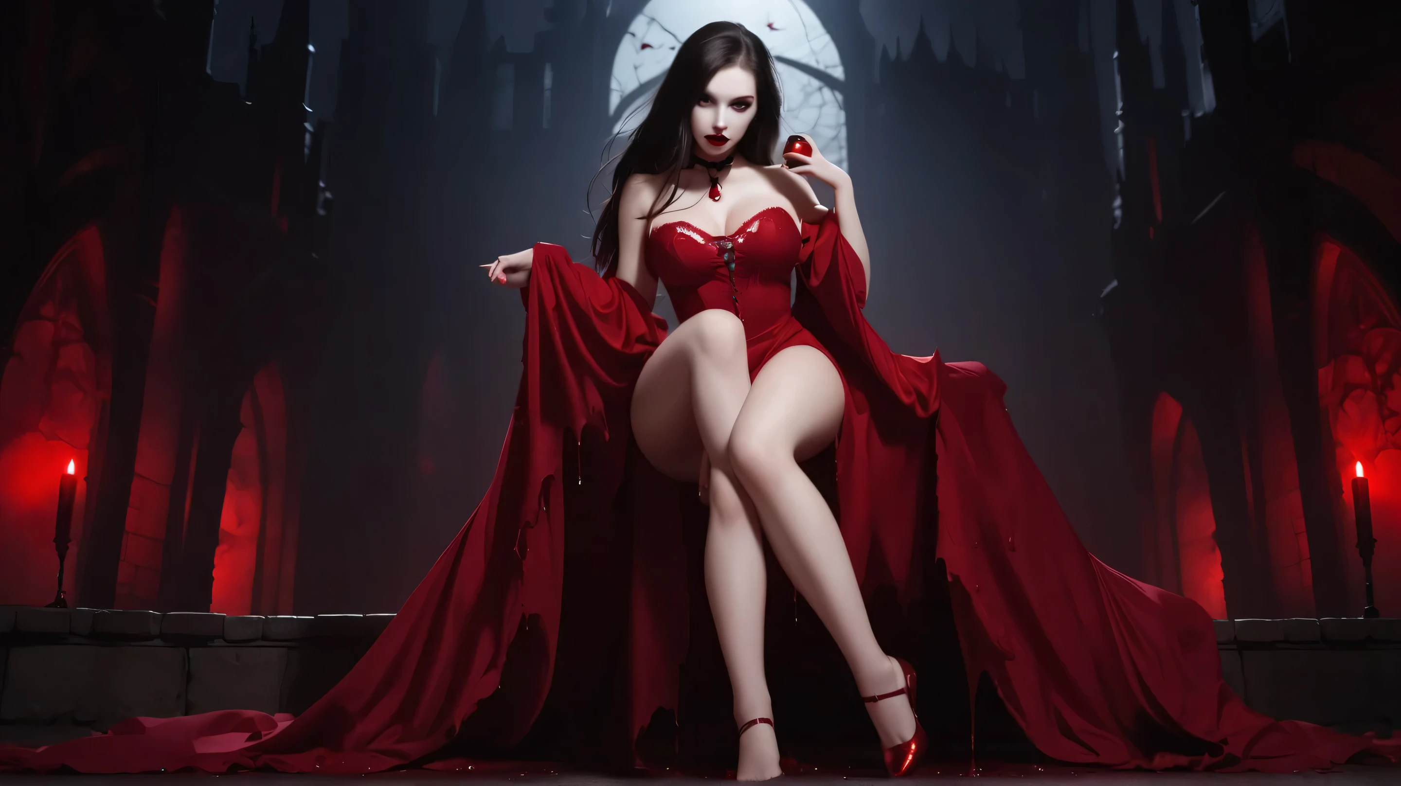 girl with big boobs ,height 160cm ,Vampire,red lips , a drop of blood flowing from the chest,in a red ripped dress, flashlight ,bare legs, against the background of a Gothic castle