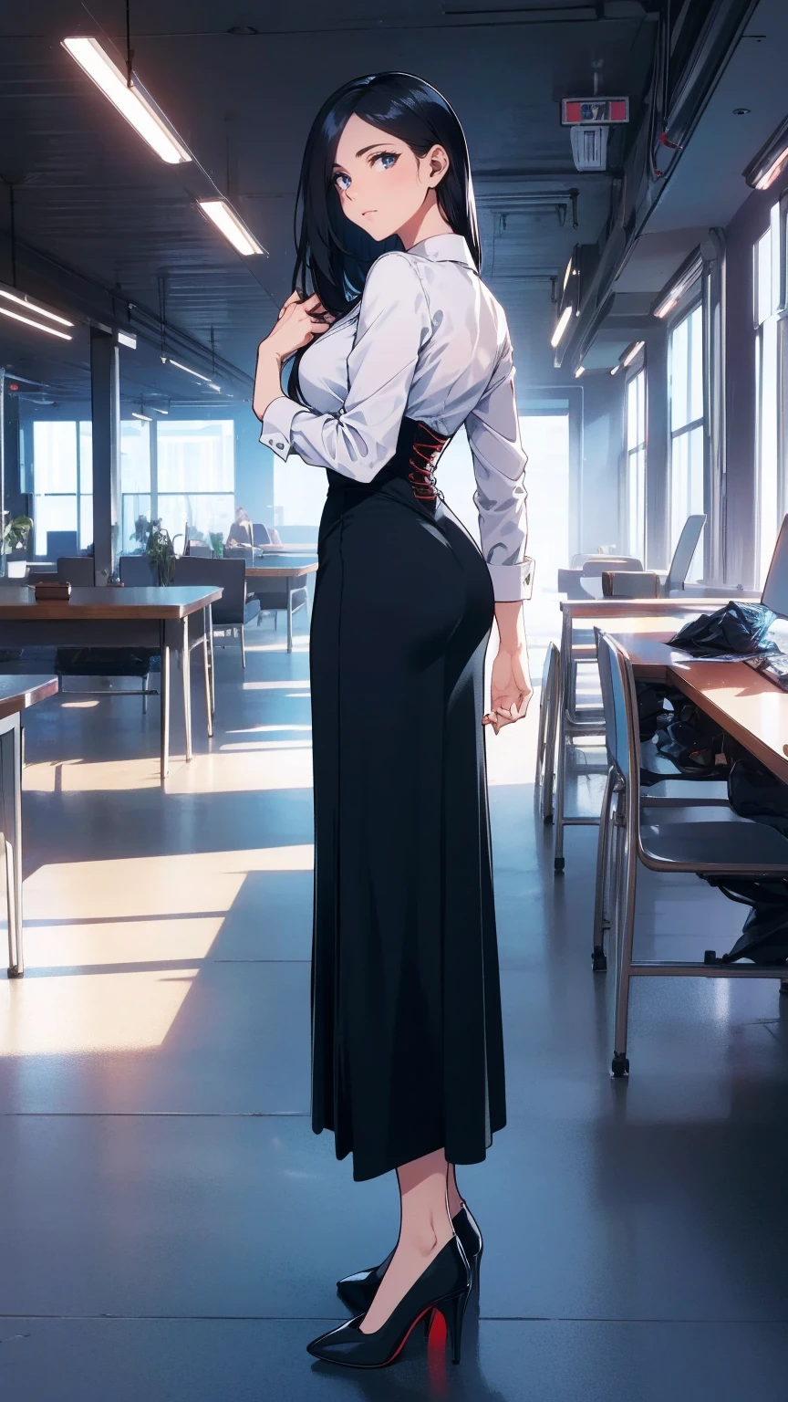 "Office lady sitting at her desk, Height: 163cm, Business chic , Victoria blouse,  slender 63cm waist , Full 93cm Hips, Shapely legs ,  clear fair skin  (RGB: 255, 233, 209),  oval face with soft features ,  almond-shaped eyes  (Light green)  double eyelids in judo uniforms,  straight nose ,  natural pink plump lips  (RGB: 222, 165, 1)  long skirt without opening ,  long black hair , With subtle office-appropriate makeup、Focus on the eyes、Neutral lip color, wearing a crisp white Victoria blouse and a victorin waist corset,  subtile suitable for the office ,  long skirt without opening , Louboutin High Heels,  dark grey victorian long maxi skirt with makeup , whole body, From behind ,  dark aesthetic , A combination of soft natural light and office fluorescent lighting, Adding glamour to a corporate portrait style, Shot with the Sony A1 mirrorless camera, 85mm F/1.4. GM Lens, ISO 200, 1/160 seconds, 50MP resolution, Focus on a professional look that subtly accentuates her curves --ar 2:3 --q 2 --s 850 --v 6.0 --style raw"
