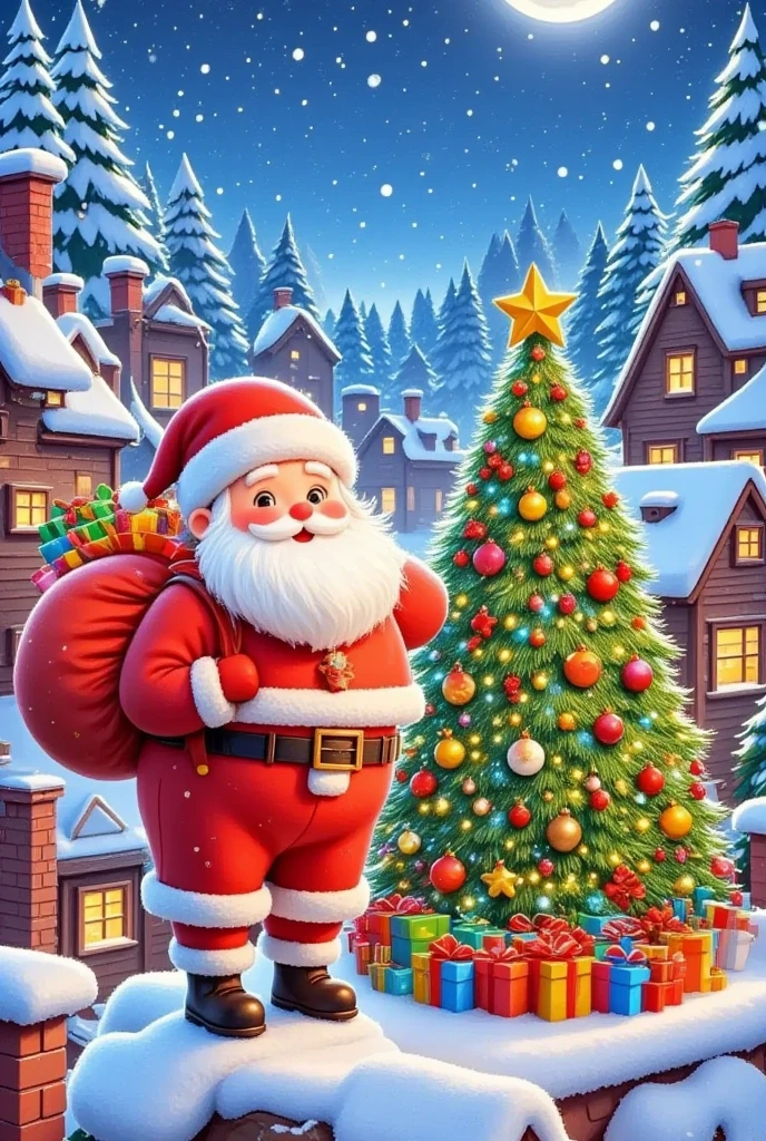 there is a  Christmas tree with a Santa Claus clause and a reindeer,  happy ,  Christmas,  Christmas night,  happy !!!, 🤬 🤮 💕 🎀,  OFFICIAL ART , 😃😀😄☺🙃😉😗, 个人资料picture, season!! : 🌸 ☀ 🍂 ❄,  cute, Santa Claus, 🪔 🎨;🌞🌄,  happy , picture, grand!