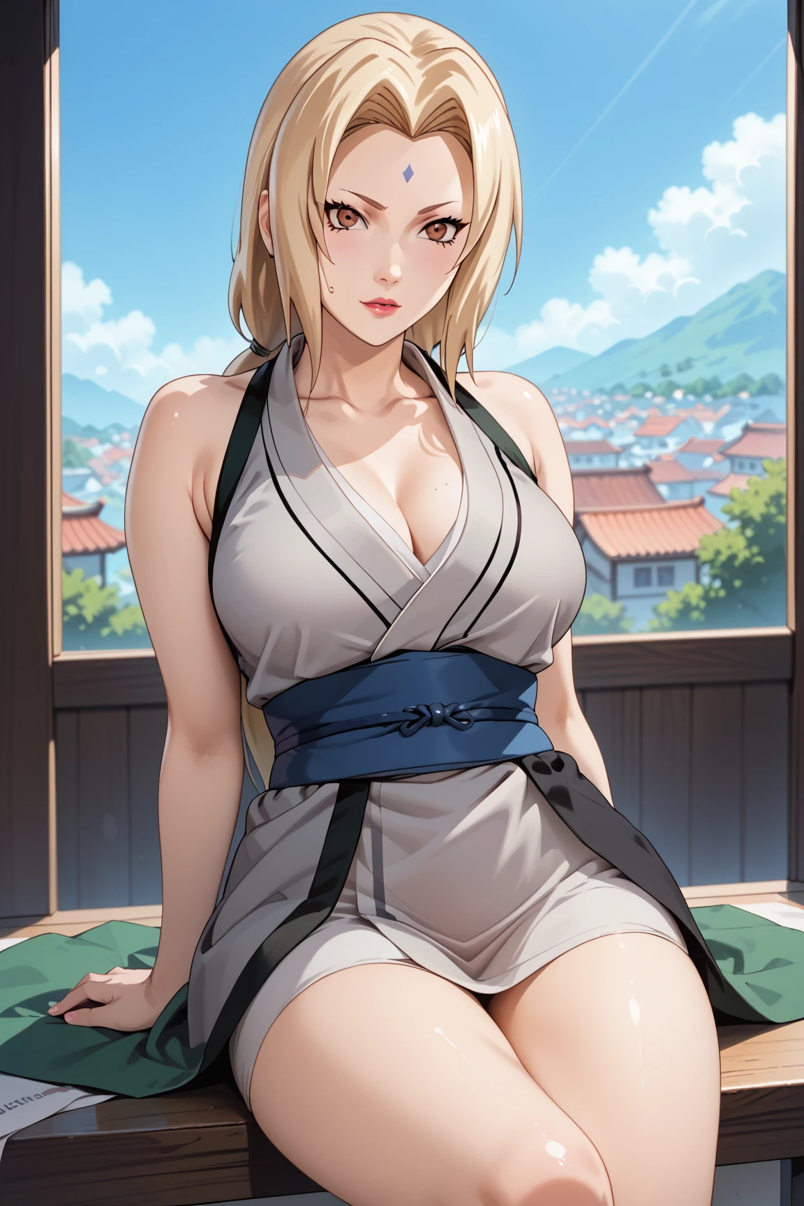 Masterpiece, extremely detailed,4k ,2D ultra graphic,anime ,solo,1girl ,stand up,tsunade,beauty face,large breasts ,grey kimono,sleeveless,sash,blue slimfit panta,body goals,slim body,slim models body,straddle,sit down,arms behind back,looking at viewers,front looks,plain white baground