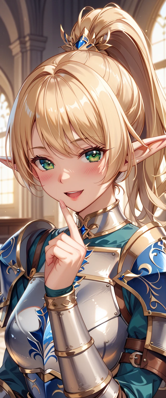 (Bust)、(( 1 woman ))、Inside a Western castle at midnight、 moonlight shines in the clay pipe、(( place your hand on your chin))、(( wear western armor、Silver and blue armor 、Exquisitely crafted armor ))、 Masterpiece、 high definition 、 High Quality 、32K、( elf girl 、Elf Ears)、((Beautiful blonde、 ponytail、Shiny hair quality))、 ( green eyes 、Depiction of delicate eyes )、( laughs、Look at me with a favorable eye、 blush my cheeks)、(Very close)