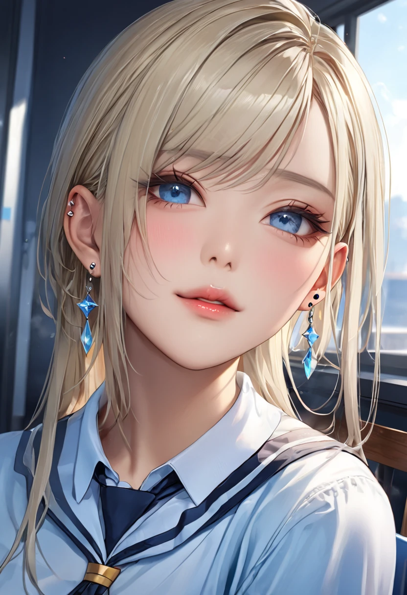 (  photorealistic :1.4, 8k),  top quality, masterpiece,   super high resolution ,   perfect dynamic configuration  ,Upper body image、 sunglasses、 Big Face、Round face、((  platinum blonde hair  :1.0、asymmetrical long hair ))、 smoke 、 I have a lot of piercings on my ears、  high-definition skin and facial textures  :1.3, Body details,   1 girl,  A cute and sexy 22-year-old Japanese woman , (   tanned skin :1.0), A tilted one&#39;head, ((   will completely fascinate you   :0.9)), ((  school uniform、Zippered mini skirt)),  medium breasts , (  Look Away、    beautiful eyes  ,   blue eyes、  Beautiful Eros Eyes   :0.85),   Sexy Face:0.4, (  Mouse with closed eyes 、Small Mouth、  Thick lips、  sensual beautiful piece :0.85), ((  cute enough to look at  :0.9))、  gal makeup、((  Good Side  ))