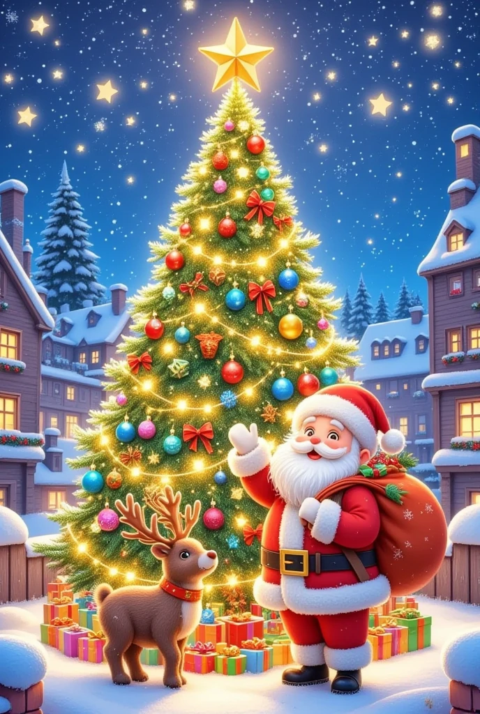 there is a  Christmas tree with a Santa Claus clause and a reindeer,  happy ,  Christmas,  Christmas night,  happy !!!, 🤬 🤮 💕 🎀,  OFFICIAL ART , 😃😀😄☺🙃😉😗, 个人资料picture, season!! : 🌸 ☀ 🍂 ❄,  cute, Santa Claus, 🪔 🎨;🌞🌄,  happy , picture, grand!