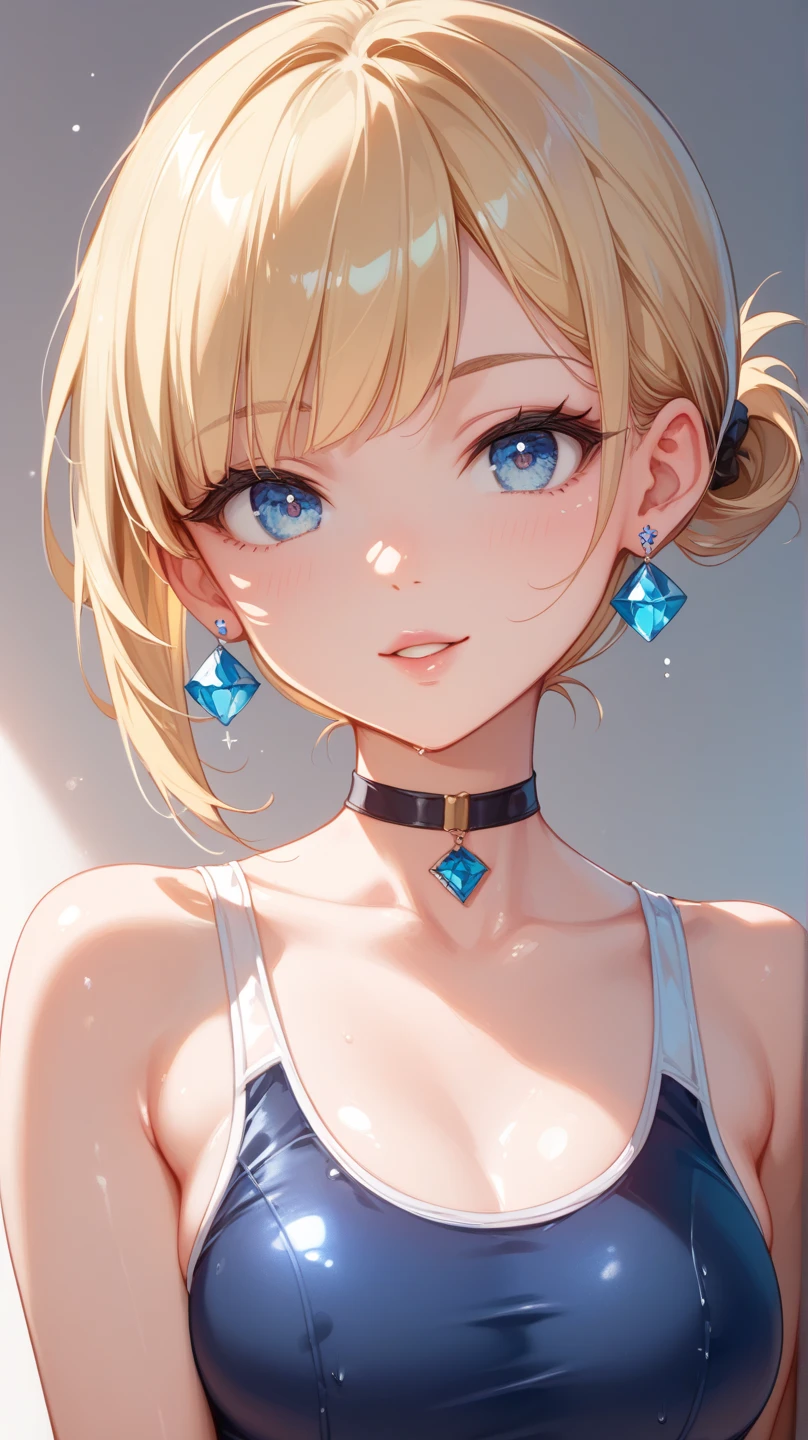  high definition ,  highest image quality taken by Ki、 top quality、 detailed、 1 woman 、Blonde、silky smooth hair, with a soft shine、 short ponytail、 sideways bangs、blue multi-colored eyes 、Shining Eyes、Droopy eyes、 textured skin、 beautiful skin、 Slender、 SCHOOL SWIMSUIT 、 sparkling earrings 、 choker 、whole body、front