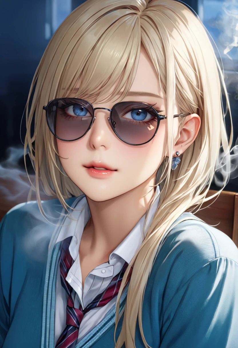 (  photorealistic :1.4, 8k),  top quality, masterpiece,   super high resolution ,   perfect dynamic configuration  ,Upper body image、 sunglasses、 Big Face、Round face、((  platinum blonde hair  :1.0、asymmetrical long hair ))、(( smoke ))、 I have a lot of piercings on my ears、  high-definition skin and facial textures  :1.3, Body details,   1 girl,  A cute and sexy 22-year-old Japanese woman , (   tanned skin :1.0), A tilted one&#39;head, ((   will completely fascinate you   :0.9)), ((  school uniform、Zippered mini skirt)),  medium breasts , (  Look Away、    beautiful eyes  ,   blue eyes、  Beautiful Eros Eyes   :0.85),   Sexy Face:0.4, (  Mouse with closed eyes 、Small Mouth、  Thick lips、  sensual beautiful piece :0.85), ((  cute enough to look at  :0.9))、  gal makeup、((  Good Side  ))