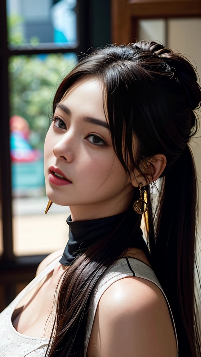 (RAW photo, photography, masterpiece, best quality, highres, original, extremely detailed),8K, wallpaper,(photo-realistic:1.3), HDR, highres,Depth field, <lora:SongYi_V10:0.9>,1girl, aqua eyes, black hair, closed mouth,(chinese clothes:1.4),(uppon body:1.4), (upper body:1.4), multicolored background, looking at viewer, outdoors, solo, large breasts,alluring, clean, beautiful face, pure face, pale skin, sexy pose, ponytail, mature female, narrow waist, chinese deity, seductive, beautifully detailed eyes, cinematic lighting, earrings, jewelry