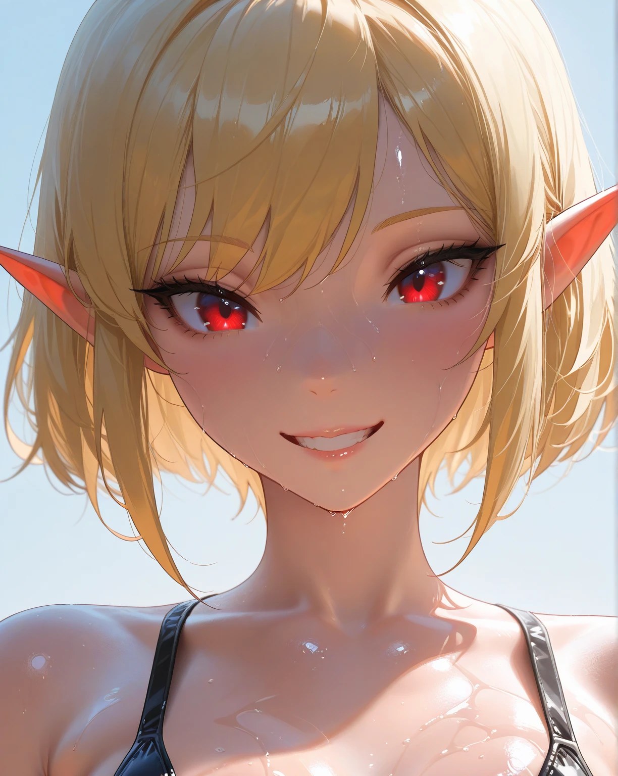 ultra-detailed, full-length, 1girl:1.4, solo, elf, elf ears, (beautiful face), portrait:1.43, (focusing on face), detailed eyes, (Ideal body proportions), ((Composition from head to thigh)), black bikini suit, Drenched shortcut blond hair, (scarlet clear red eyes, tsurime), The erection, Carmelto, Sexy body, grin smile, short-hair, blond hair with burgundy tips of hair, burgundy ends of hair, shiny skin, oiled skin, slenderness, Small buttocks, Beautiful legs, Skinny Legs, One-person viewpoint, masterpiece, ((Anatomically correct)), (portrait:1.4), (((close-up))), (focusing on eyes)