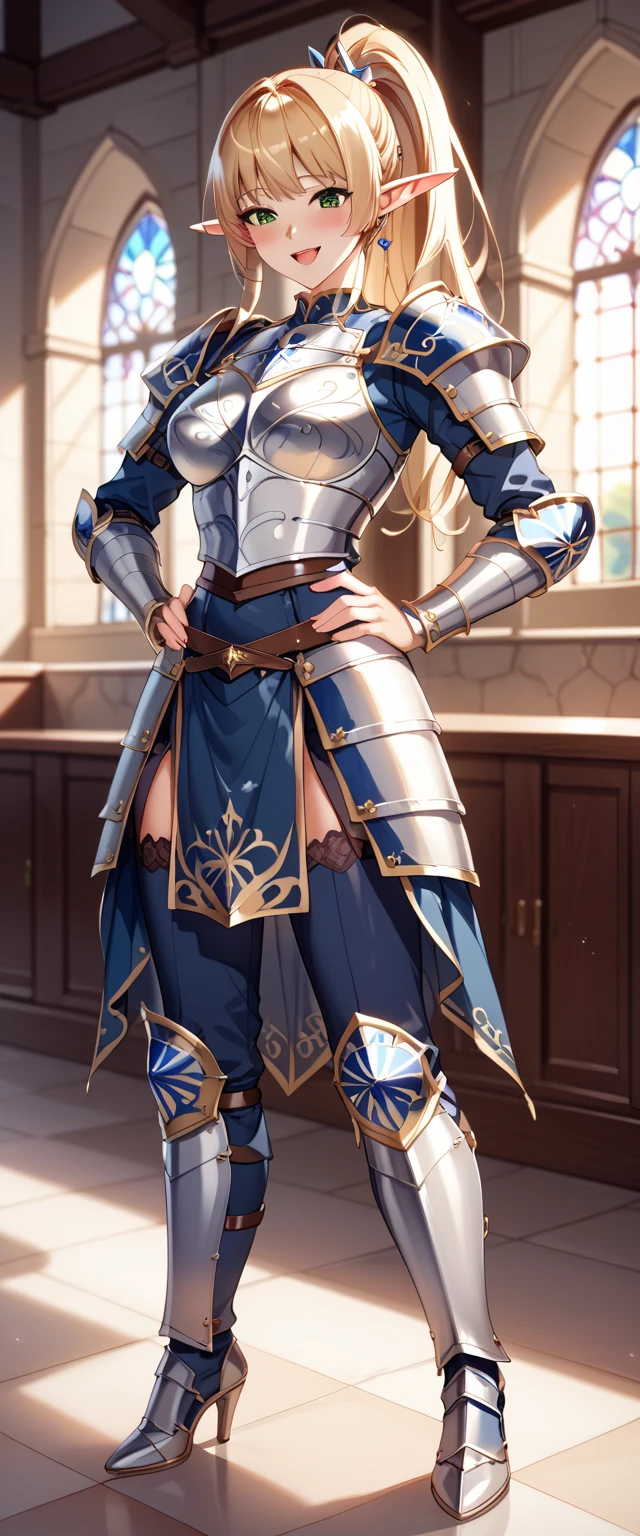 (Full body portrait)、(( 1 woman ))、Inside a Western castle at midnight、 moonlight shines in the clay pipe、(( place your hands on your hips ))、(( wear western armor、Silver and blue armor 、Exquisitely crafted armor ))、 Masterpiece、 high definition 、 High Quality 、32K、( elf girl 、Elf Ears)、((Beautiful blonde、 ponytail、Shiny hair quality))、 ( green eyes 、Depiction of delicate eyes )、( laughs、Look at me with a favorable eye、 blush my cheeks)、(Very close)