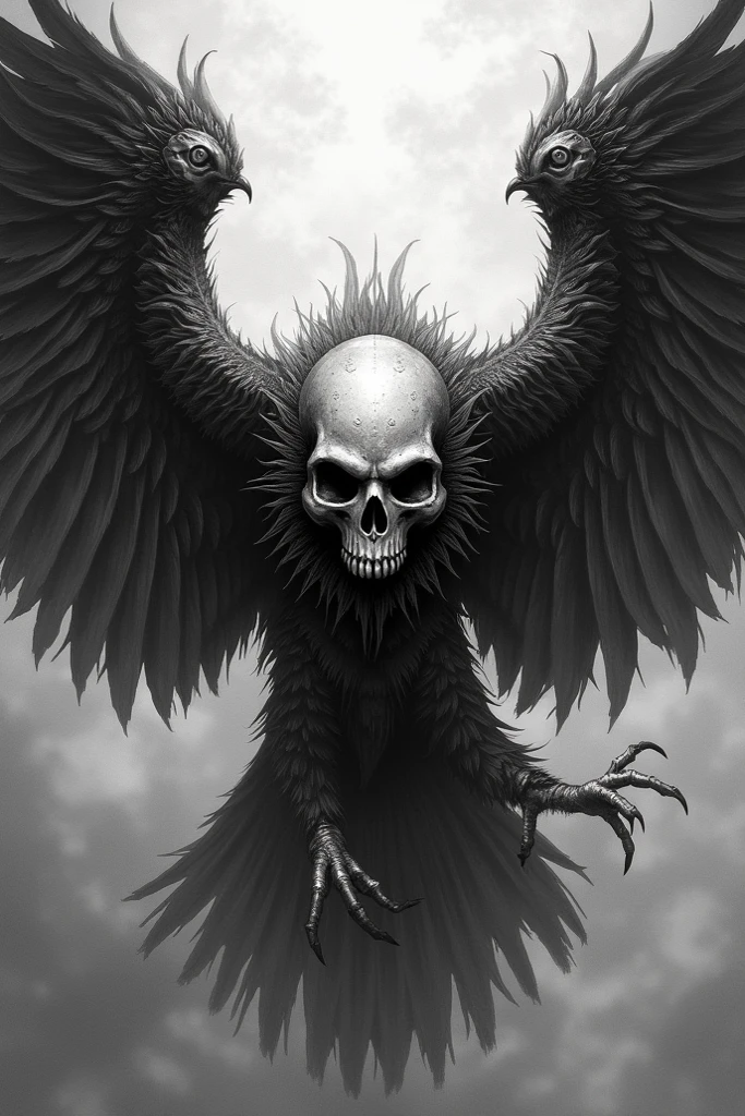 bs, solo, simple background, monochrome, upper body, greyscale, bodysuit, black background, 1other, monster, arms at sides, horror (theme) there is a large-breasted woman in the picture with her arms torn off and her face bleeding, ravens flying in the background