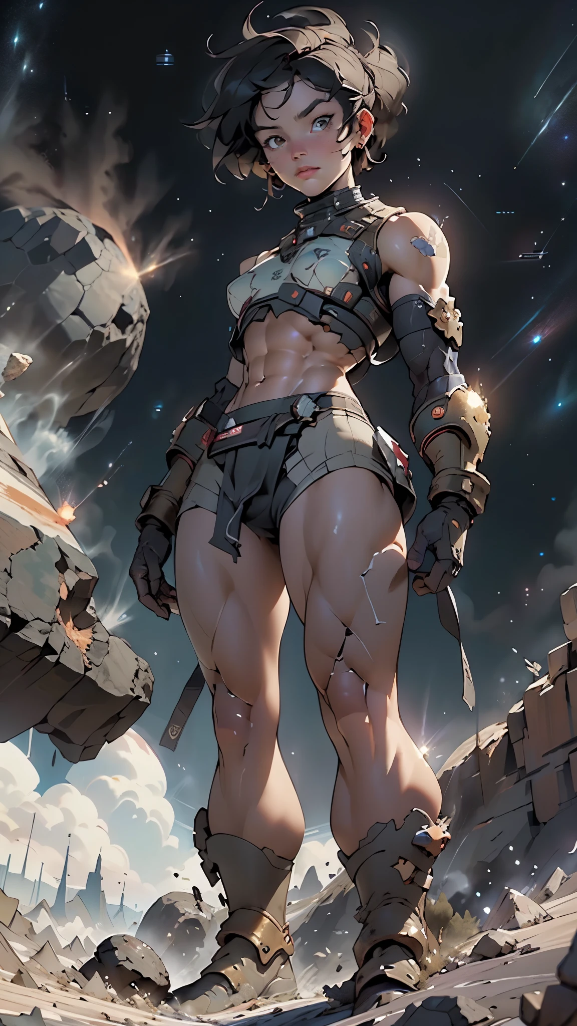 ((male giant)),gts, (ancient armor),(black eyes),
((mature male)), abs, toned,  black hair, (loincloth), ancient outfit, atlantis armor,

GTS-GTS, looking down, Trampling, destruction,

towering Giant, Smoke and clouds roll around her, adding to the sense of epic scale and drama. The perspective is from below, emphasizing the sheer majesty and power of the Giant.

((muscle legs:1.5,muscular thighs:1.5,muscular:1.5,((ABS:1.5)),arm muscle:1.5,Strong physique,bulky:1.5,pectoral))

(dynamic pose:1.0),

((Starry sky,Unknown constellations)),(Night, Silence,Mystery),((Dark tones in the background)),((broken earth,asteroid field:1.5)),(jagged dark rocks boulders and debris shooting into the air:1.3),Extraterrestrial scenery,dark asteroid belt,surrounded by several dark asteroids glowing with fiery auras, vast and mysterious universe,cosmic landscape,mysterious planet,((intricate scenery)),(black background, stars that do not shine, sense of space),scenery:1.25,

((best quality)), ((masterpiece)), (detailed), Realistic Shadows, Detailed skin, Very detailed, highly detailed face, Perfect face shape,Perfect nose, Correct beautiful eyes, Watching Viewer, Best Quality,(intense colors), ((3d)),

