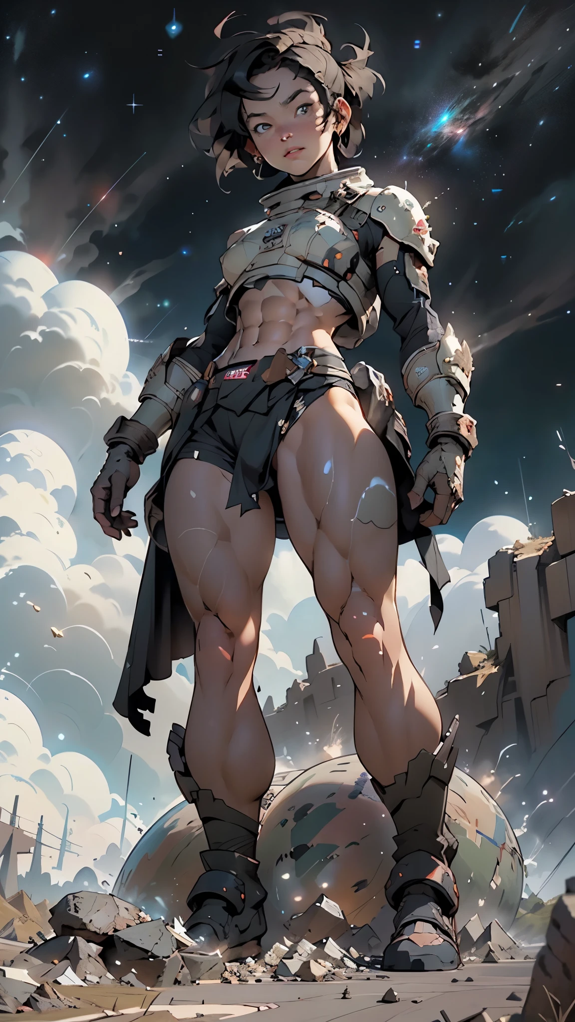 ((male giant)),gts, (ancient armor),(black eyes),
((mature male)), abs, toned,  black hair, (loincloth), ancient outfit, atlantis armor,

GTS-GTS, looking down, Trampling, destruction,

towering Giant, Smoke and clouds roll around her, adding to the sense of epic scale and drama. The perspective is from below, emphasizing the sheer majesty and power of the Giant.

((muscle legs:1.5,muscular thighs:1.5,muscular:1.5,((ABS:1.5)),arm muscle:1.5,Strong physique,bulky:1.5,pectoral))

(dynamic pose:1.0),

((Starry sky,Unknown constellations)),(Night, Silence,Mystery),((Dark tones in the background)),((broken earth,asteroid field:1.5)),(jagged dark rocks boulders and debris shooting into the air:1.3),Extraterrestrial scenery,dark asteroid belt,surrounded by several dark asteroids glowing with fiery auras, vast and mysterious universe,cosmic landscape,mysterious planet,((intricate scenery)),(black background, stars that do not shine, sense of space),scenery:1.25,

((best quality)), ((masterpiece)), (detailed), Realistic Shadows, Detailed skin, Very detailed, highly detailed face, Perfect face shape,Perfect nose, Correct beautiful eyes, Watching Viewer, Best Quality,(intense colors), ((3d)),

