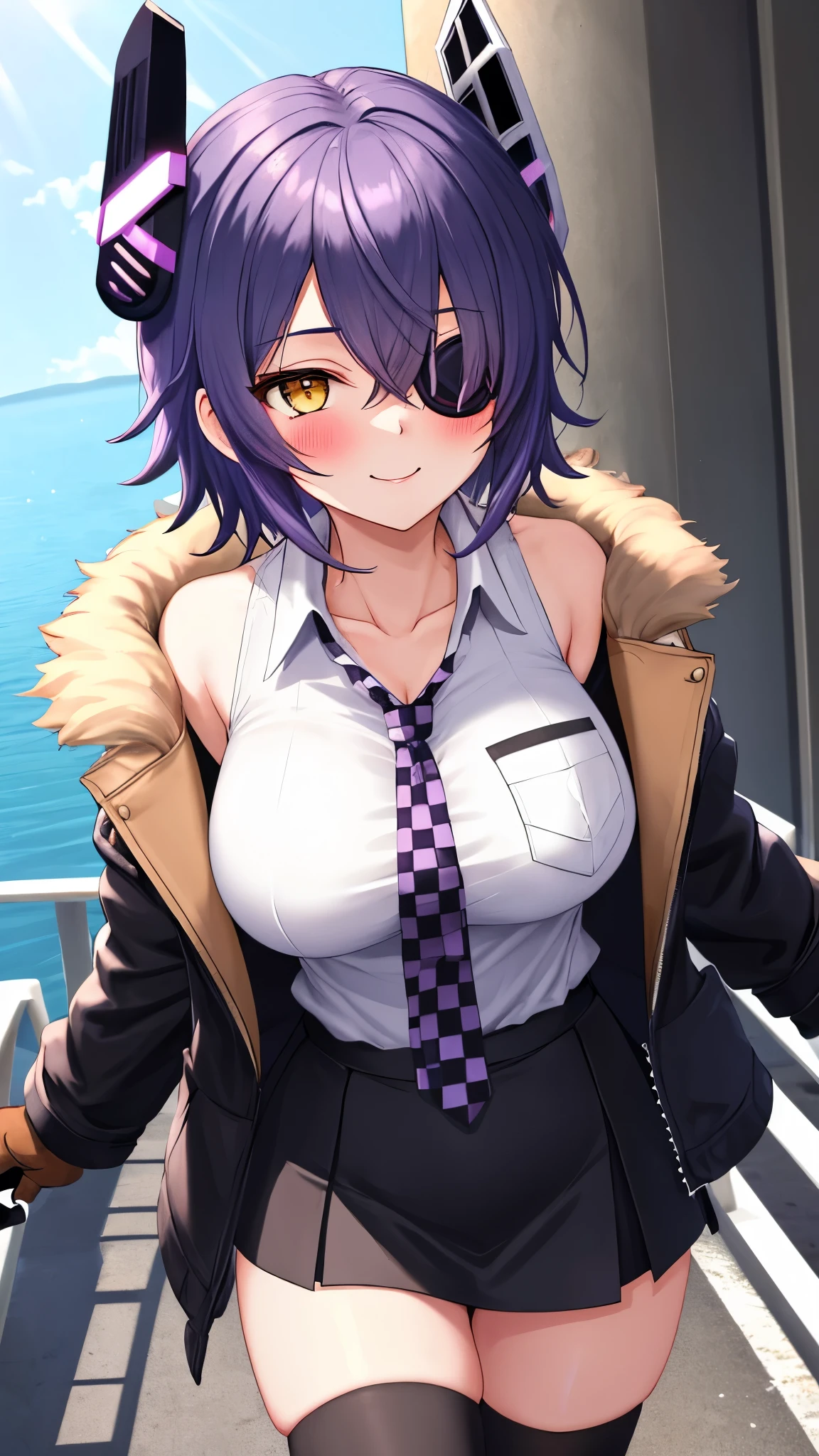 best quality, masterpiece, solo, {tenryuu_kantaicollection:1.15}, teen_girl, eyepatch, short_hair, purple_hair, yellow_eyes, headgear, breasts, necktie, large_breasts, smile, 1girl, blush, checkered_necktie, hair_over_one_eye, shirt, collared_shirt, white_shirt, jacket, sleeveless, brown_eyes, fur-trimmed_jacket, fur_trim, collarbone, looking_at_viewer, pocket, breast_pocket, ,, messy_hair, black_gloves, gloves, partially_fingerless_gloves,harbor_road_landscape_background,outdoor,short_skirt,thigh-highs,boots,sunlight,from_below