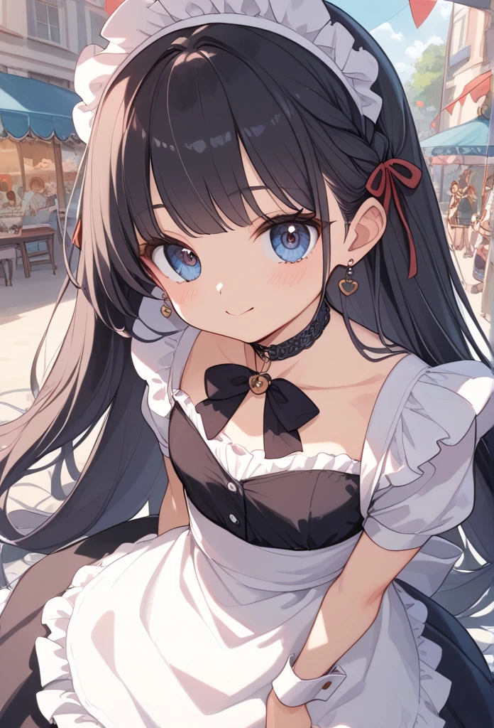 A simulated cafe for the school festival、 1 girl、 black hairメイドドレス
、 White Maid Apron 、white headdress、 cute faces 、 big eyes、 very long hair,  black hair, Braided topknot,  Friendly Smiles 、 Ribbon Choker , has a placard、